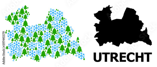Vector mosaic map of Utrecht Province done for New Year, Christmas, and winter. Mosaic map of Utrecht Province is done from snow flakes and fir trees.