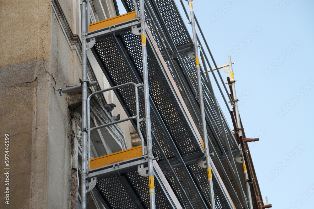 scaffolding near a high-rise building close up