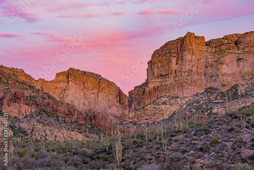 Spring landscape at dawn of the Superstition Mountains, Apache Trail, Tonto National Forest, Arizona, USA photo