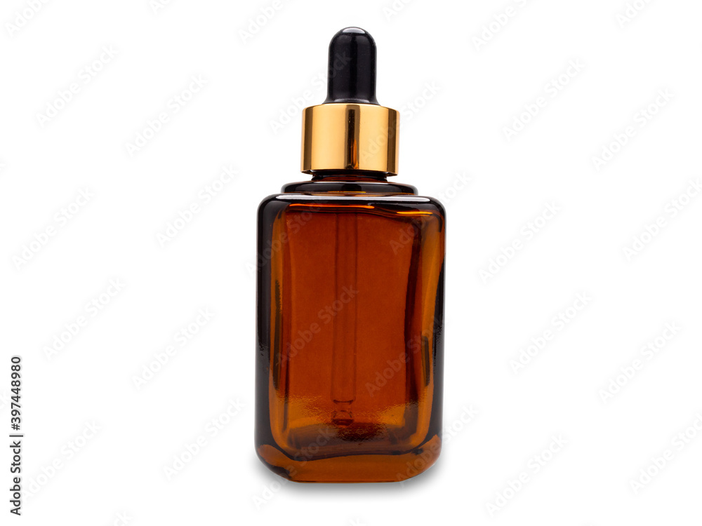 Brown medicine glass bottle with dropper isolated on white background is used for cosmetic skin care product ,containing products and medical supplies.clipping path