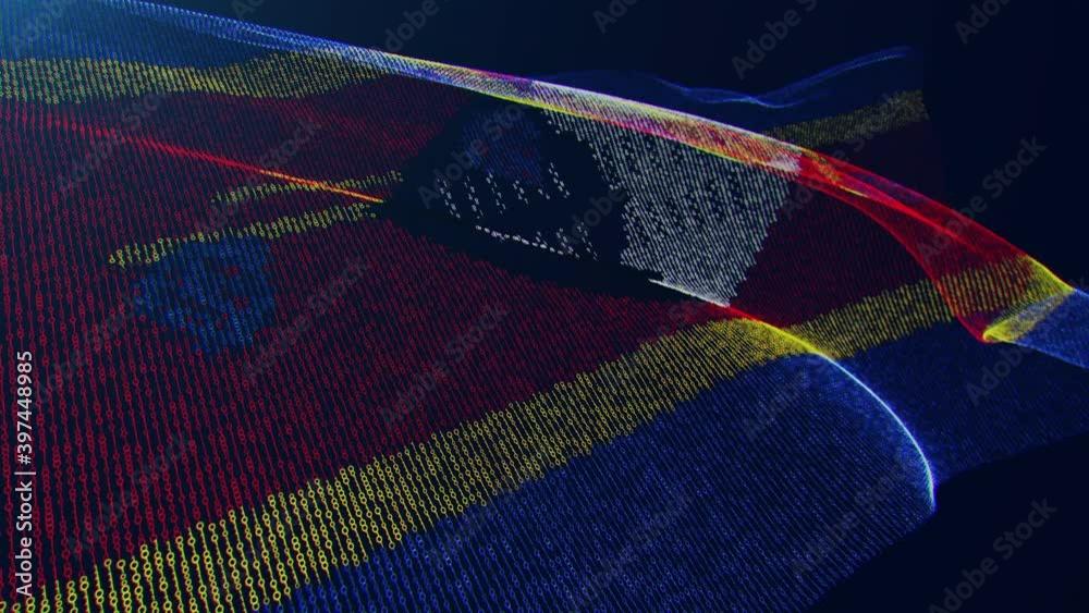 3d render. Eswatini digital flag with binary code texture flies in the wind. Seamless loop.