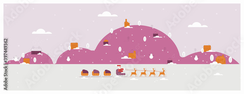 Panoramic Vector illustration of a Christmas winter landscape banner.Purple color of rural winter with Santa Claus,Father Christmas sets out to deliver presents on reindeer sleigh through the snow.