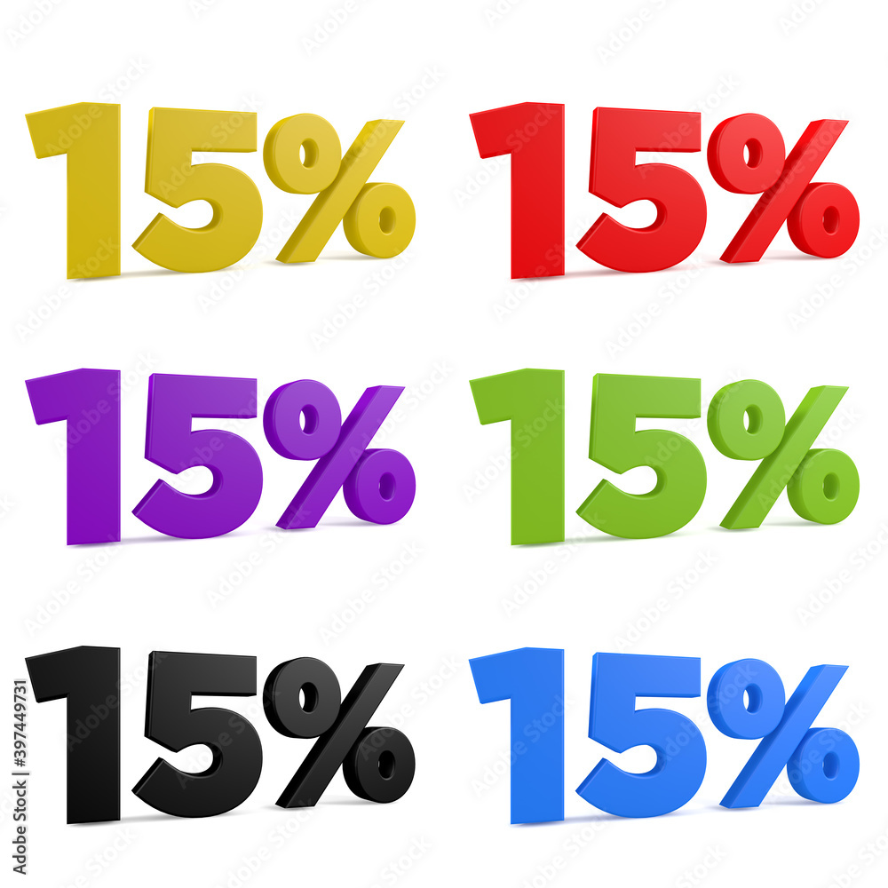 15 percent off various colors.3D Illustration 15 percent off various colors.3D Illustration