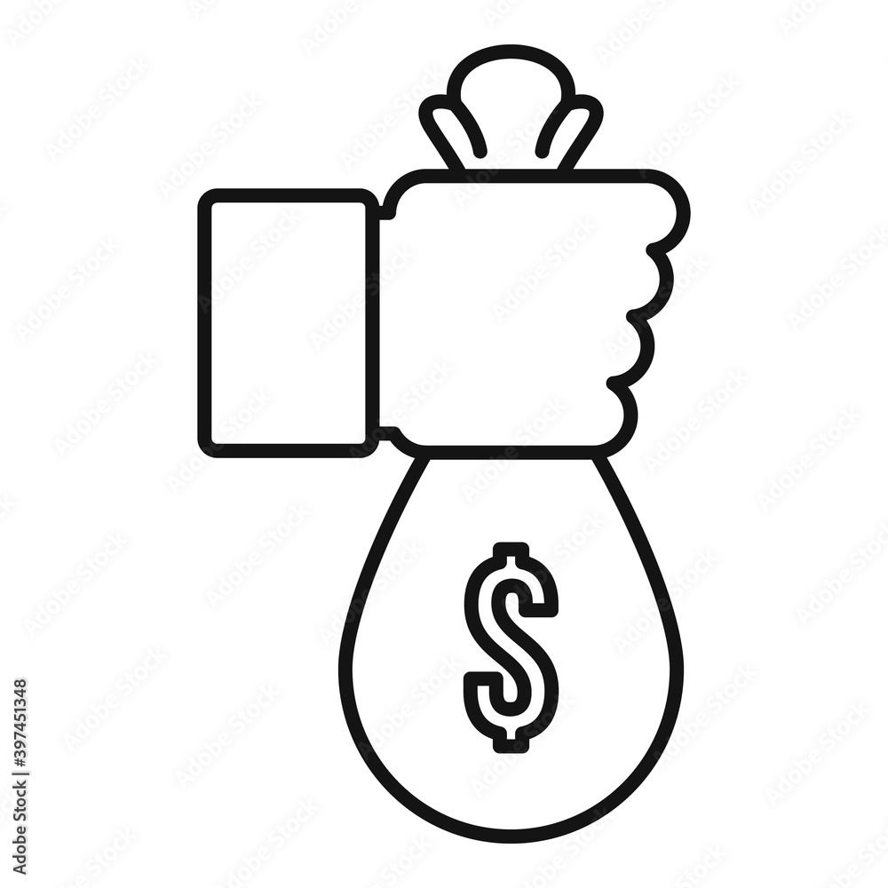 Bribery money bag icon. Outline bribery money bag vector icon for web design isolated on white background