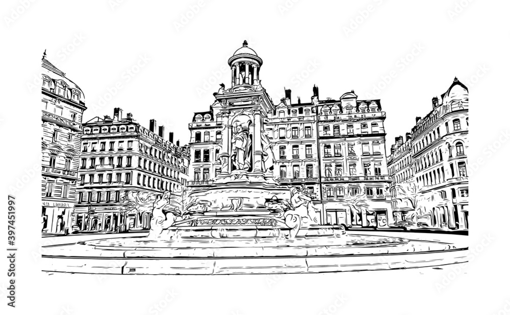 Building view with landmark of Lyon
is the city in France. Hand drawn sketch illustration in vector.