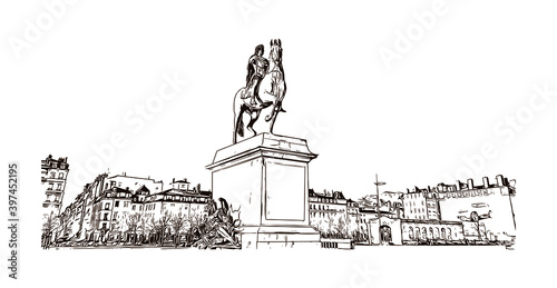 Building view with landmark of Lyon is the city in France. Hand drawn sketch illustration in vector.
