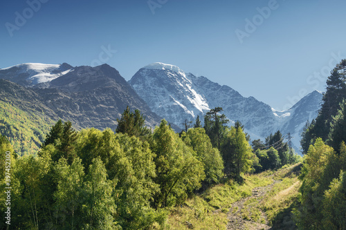 Sunny view of Cheget village near mountain Elbrus, North Caucasus, Kabardino-Balkaria, Russia.