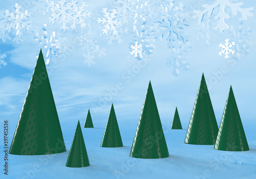 Abstract green christmas trees on a background of snowflakes.