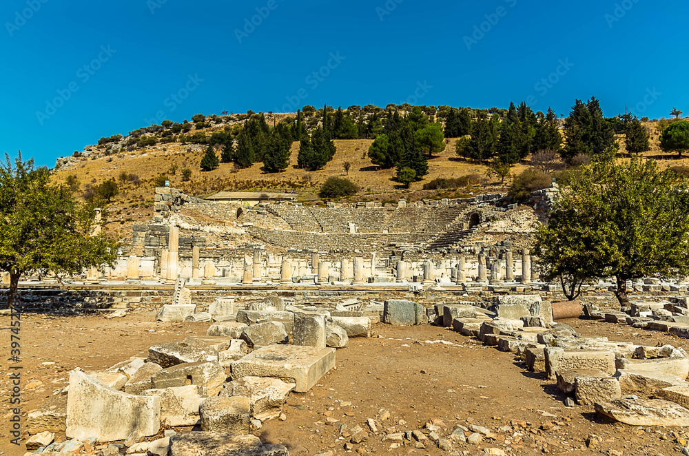 The Odeon Theatre sits at the base of a hill in the upper part of the city in Ephesus, Turkey