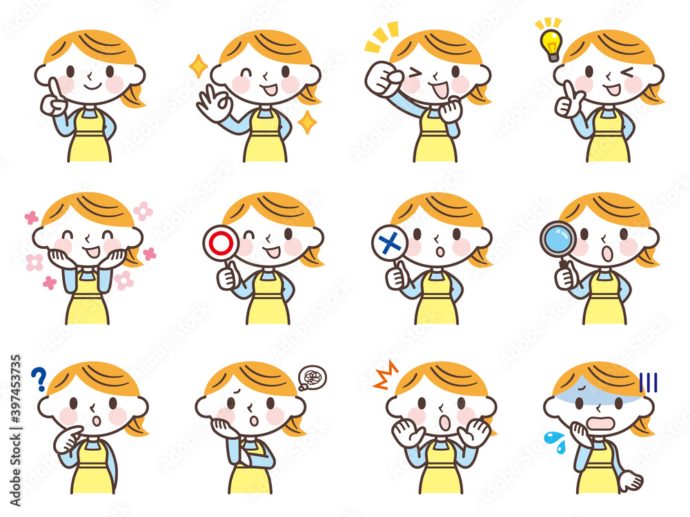 主婦の表情セット(上半身)-Facial expression icon of a woman wearing an apron 主婦の表情セット(上半身)-Facial expression icon of a woman wearing an apron