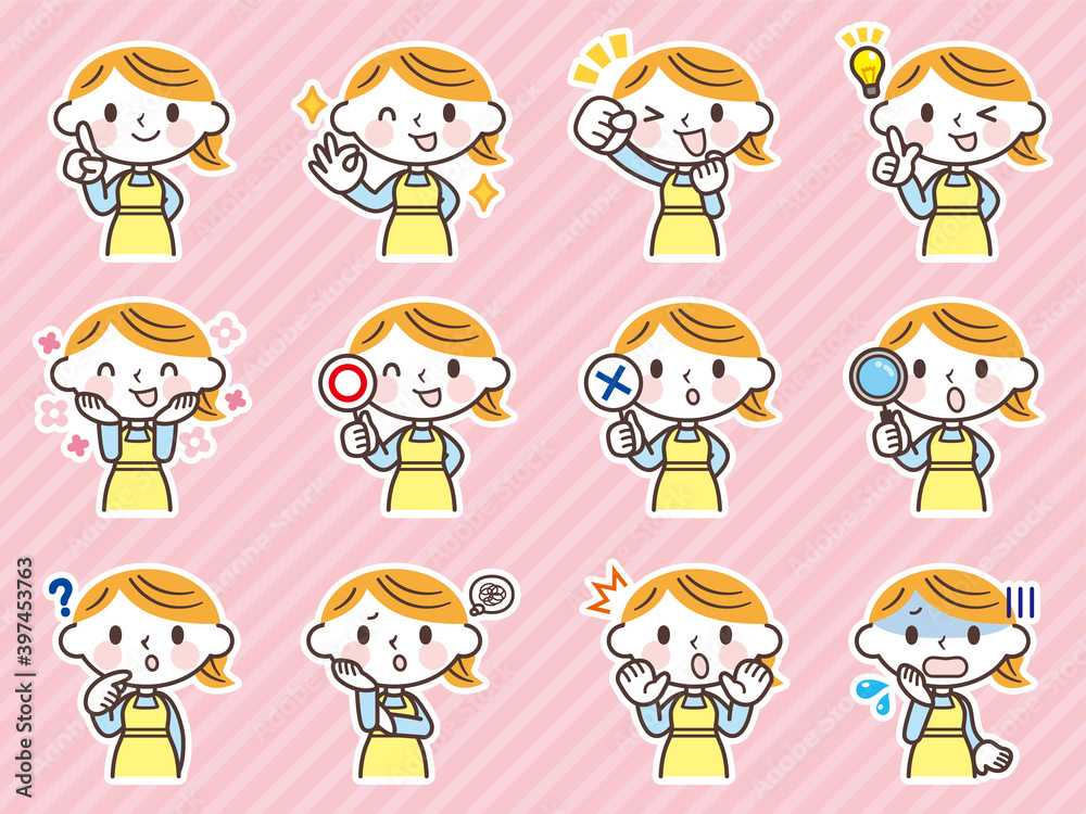 主婦の表情セット(上半身)-Facial expression icon of a woman wearing an apron 主婦の表情セット(上半身)-Facial expression icon of a woman wearing an apron