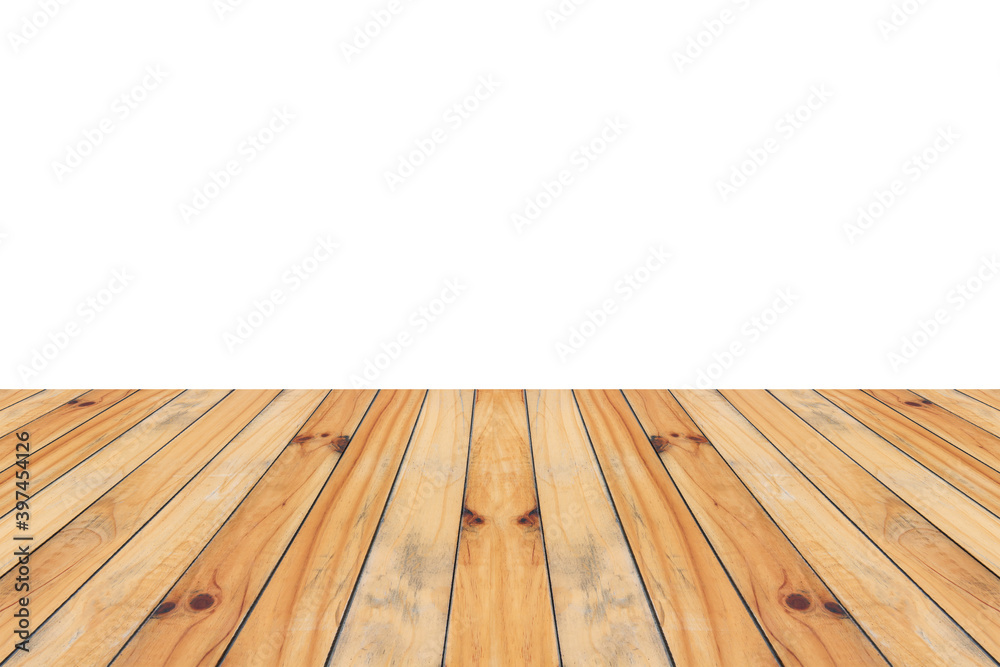 Empty wooden table top isolated on white background for product display montage Empty wooden table top isolated on white background for product display montage