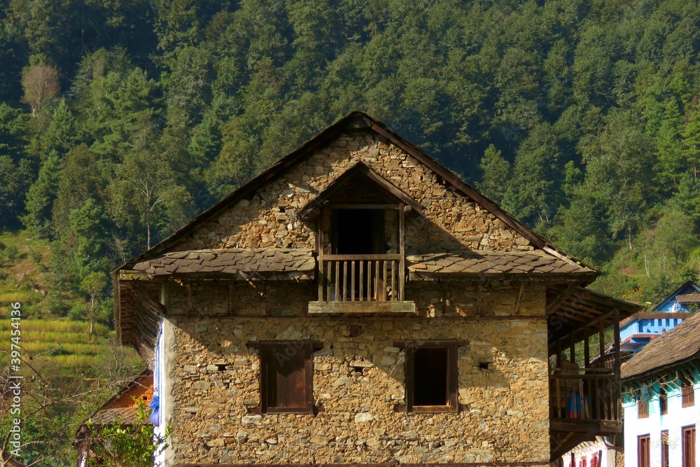 Old Nepalis village house with stones and woods, cultural house, old house in the mountains.