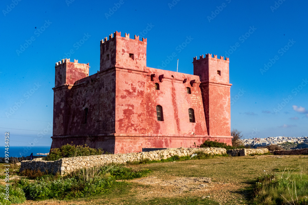 The 17th century Lascaris watchtower Saint Agatha's Tower known as the Red Tower is located in Mellieha, Malta.