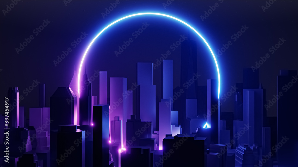 Retro futuristic cityscape abstract background 3D rendering illustration. Vaporwave, retrowave or synthwave style with blue and purple circle frame neon light.
