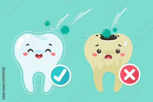 Cartoon teeth and gums inside the mouth are happy with the problem of tooth decay. There are plaque on the teeth.