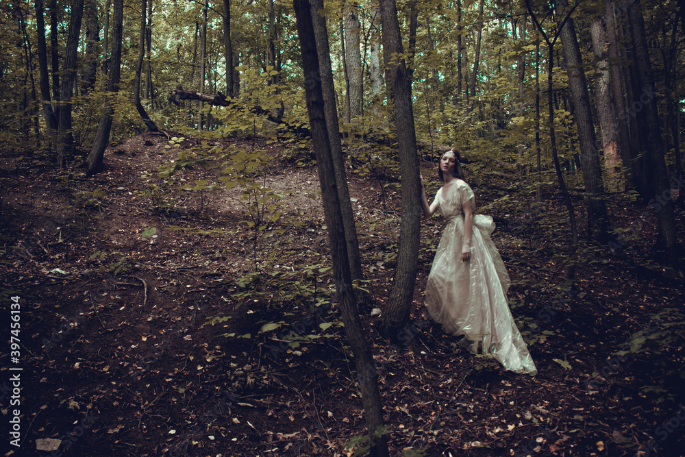 Fototapeta premium Portrait of a woman in a forest. Space for text. The concept of fashion. Magic fabulously fairytale photo. bride in nature
