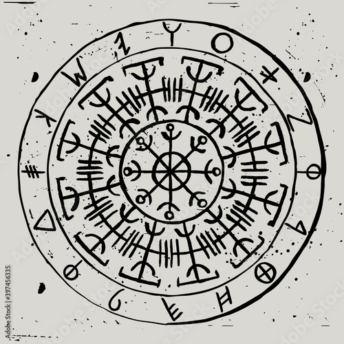 Vector Galdrastafir. Ancient protective symbol with Phoenician runes in a circle