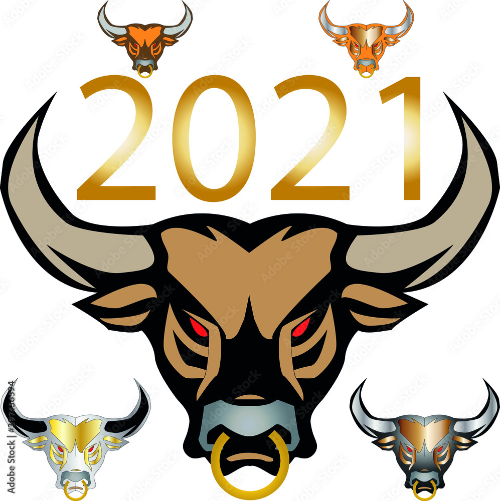 five bulls with red eyes and a gold nose ring with an inscription between  the horns 2021.2021 is the year of the bull Stock Vector | Adobe Stock