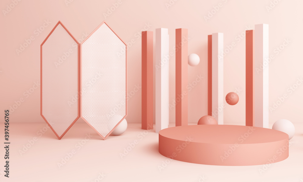 Abstract pink Composition with Podium. Minimal Studio with Round Pedestal and Copy Space , geometric shape pastel, 3d rendering Abstract pink Composition with Podium. Minimal Studio with Round Pedestal and Copy Space , geometric shape pastel, 3d rendering