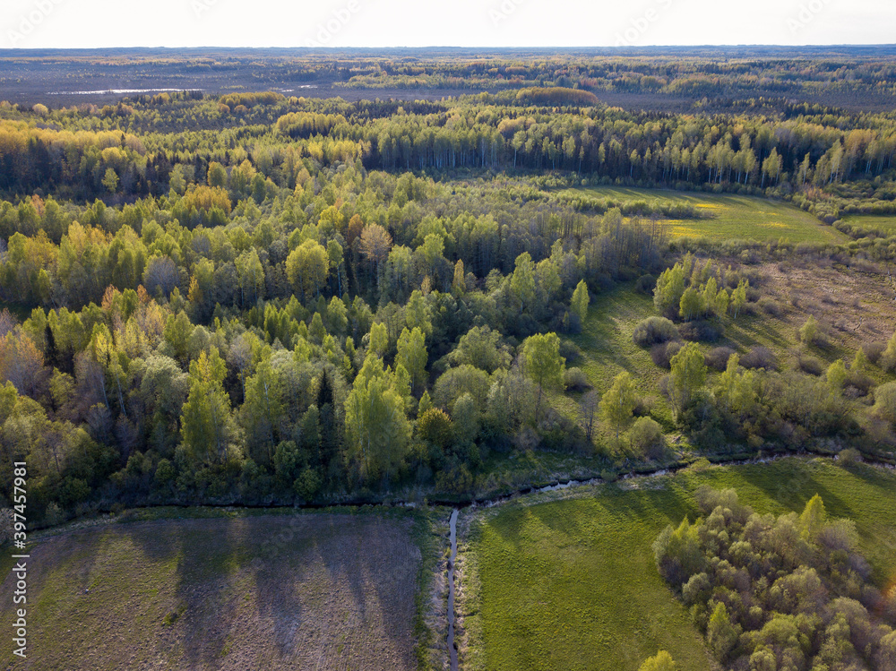 summer fields forests and roads in countryside view from above drone image