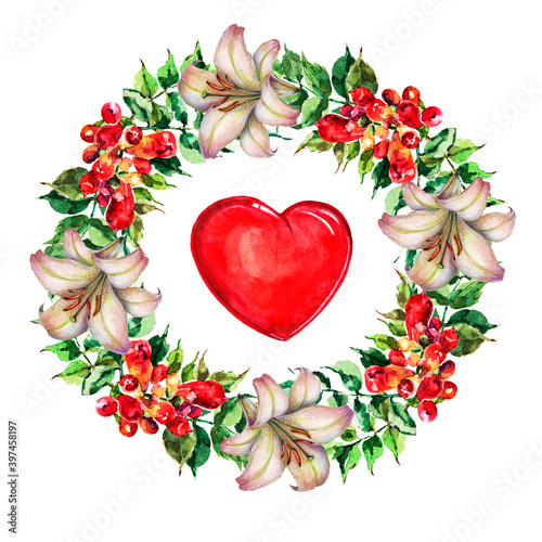 illustration garland of an watercolor flowers and  hearts on white background.