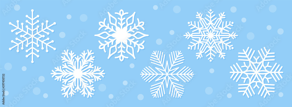 Set of snowflakes. Christmas and New Year decorations. Snowflakes icons. Winter flat vector elements on blue background. Set of snowflakes. Christmas and New Year decorations. Snowflakes icons. Winter flat vector elements on blue background.