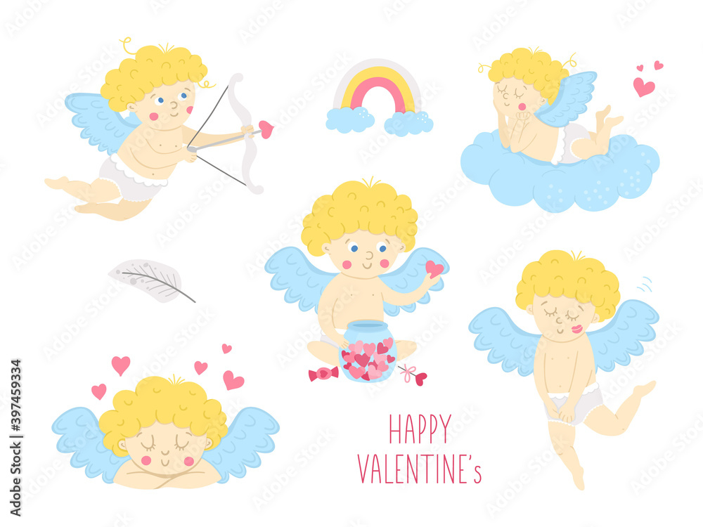 Vector collection of cute cupids. Set with funny Valentine’s day characters. Love angels with wings, bow and arrow, lying on a cloud, eating heart shaped sweets. Playful cherubs pack.. Vector collection of cute cupids. Set with funny Valentine’s day characters. Love angels with wings, bow and arrow, lying on a cloud, eating heart shaped sweets. Playful cherubs pack..