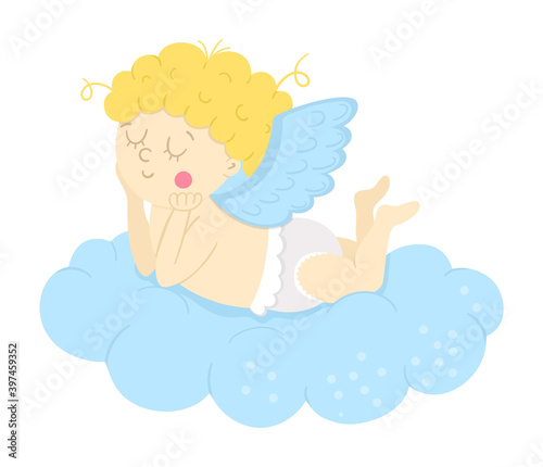 Vector cupid lying on a cloud and dreaming. Funny Valentine’s day character. Happy love angel with spread wings. Playful cherub icon isolated on white background..