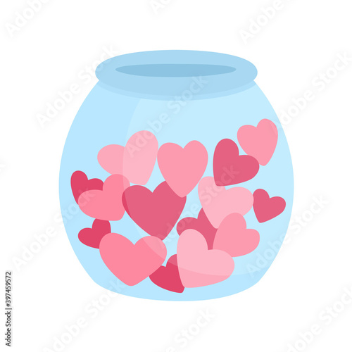 Vector glass jar with hearts inside. Cute pot isolated on white background. Playful Saint Valentine’s day icon. .