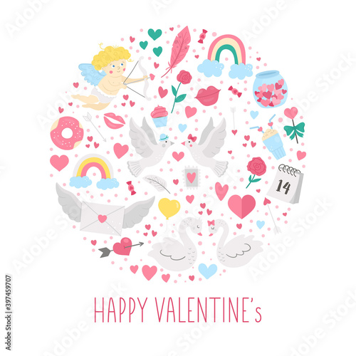 Vector round frame with Saint Valentine’s day elements. Traditional love concept clipart. Funny design for banners, posters, invitations. Cute romantic February holiday card template in circle shape..