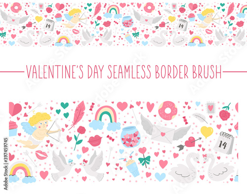 Vector seamless pattern brush with Saint Valentine’s day symbols. Repeating border background with cute characters and love objects. Playful February holiday texture.