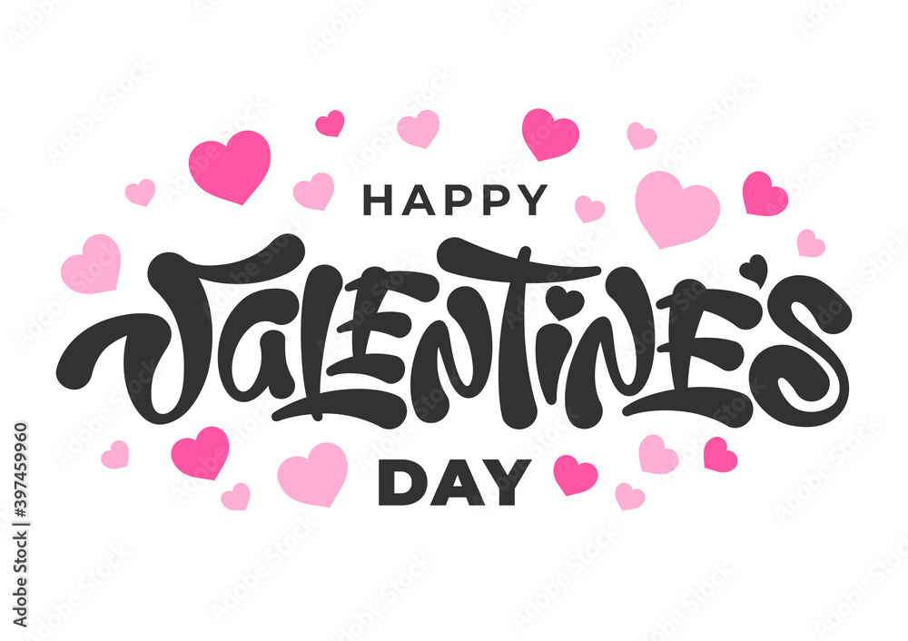Happy Valentines Day unusual inscription. Hand drawn lettering, calligraphy text with hearts. Beautiful element for any designs for 14 February. Isolated on white background. Vector illustration.