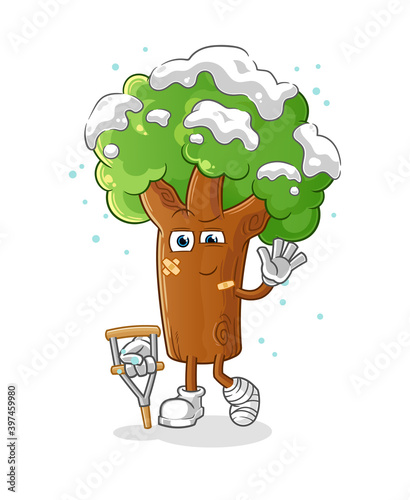 winter tree sick with limping stick. cartoon mascot vector