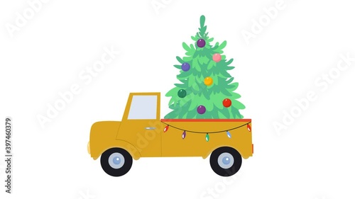 A yellow truck decorated witn lights carrying a christmas tree. Flat animation with transparent background.