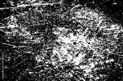 Grunge black and white. Monochrome texture of dirt  chips  and dust. Pattern of black scratches  scuffs on a white background. Abstract ink spot randomly arranged