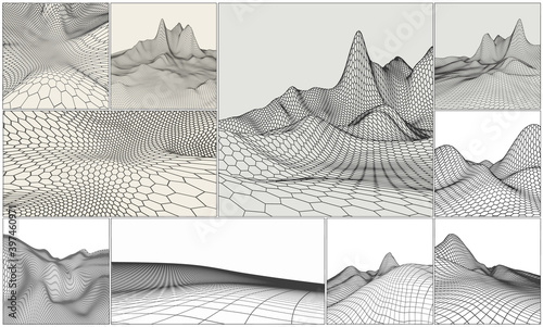 Wireframe landscape backgrounds set. EPS 10 Vector illustration. Terrain digital topography wireframe. Mountain data wireframe modelling map.