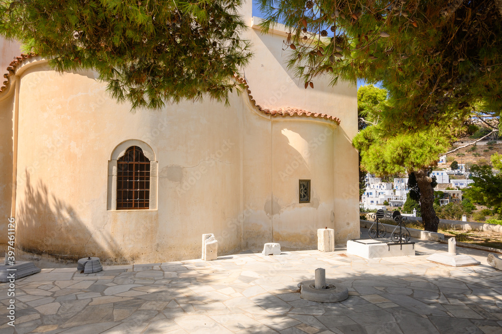 Fototapeta premium The courtyard of the Byzantine Church of Agia Triada in Lefkes on Paros Island, Cyclades, Greece