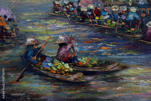  Art painting Oil color Floating market Thailand , agriculturist , rural life , rural thailand 