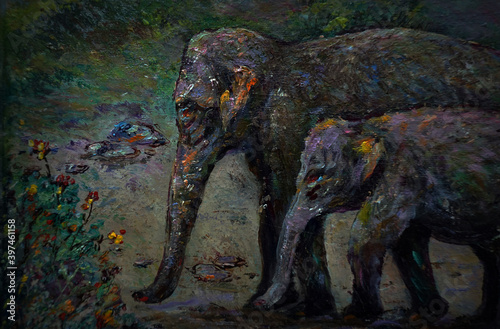    Art painting Oil color Elephant family   ,    Countryside © Kwang Gallery