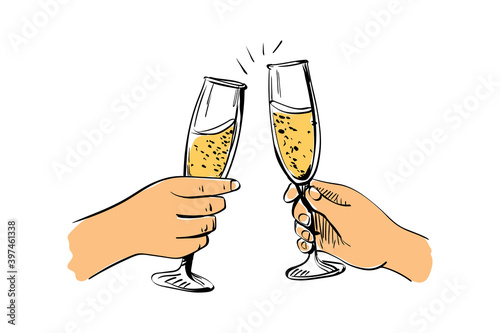 A couple keeps and clinks sparkling champagne glasses on isolated white background. Male and female hands with wineglasses. Two people celebrating on date, wedding or Сhristmas. Vector illustration