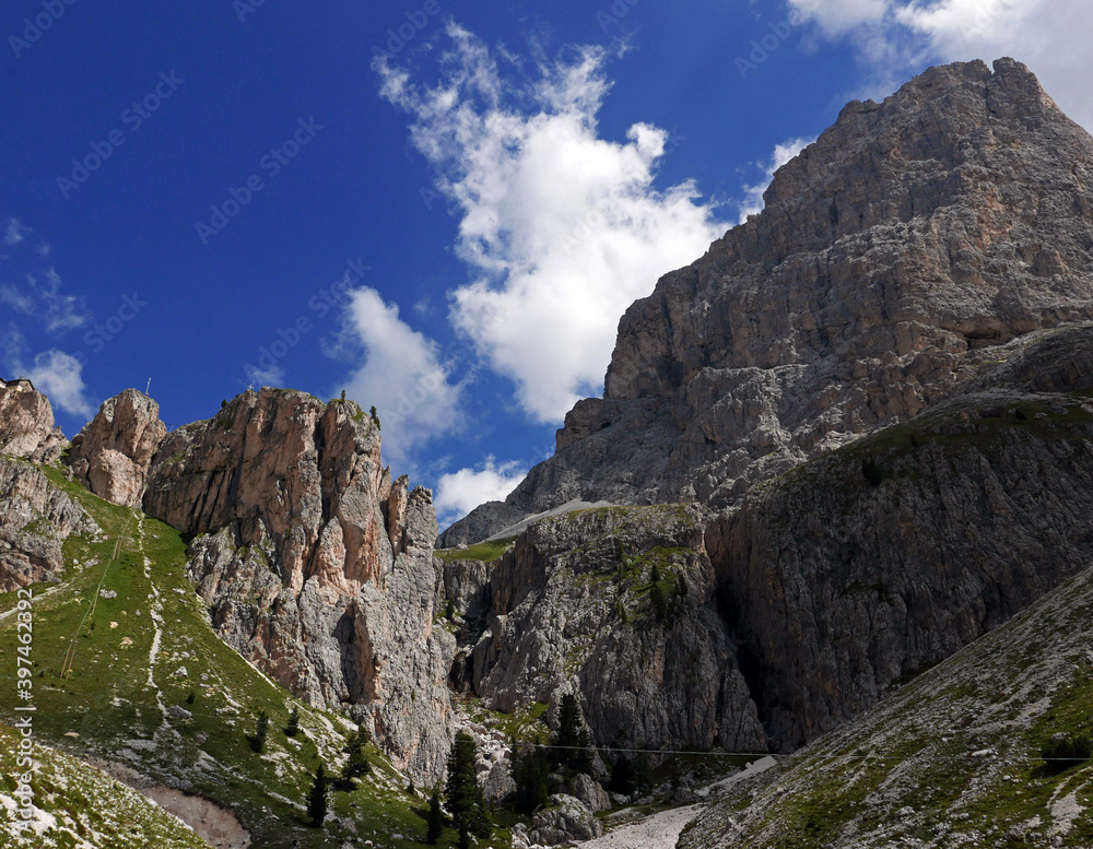 scenico panorama dolomitico in estate, tra rocce e verdi vallate