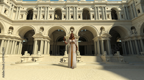 Egyptian queen illustrated in different perspectives and angles in the royal palace. 3d illustration, 3d rendering, 3d art.