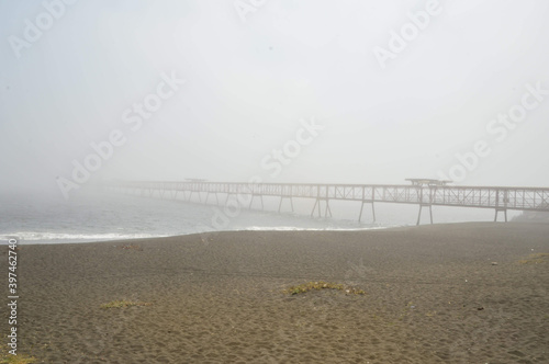 An almost invisible bridge due to the fog in the Pacific Ocean