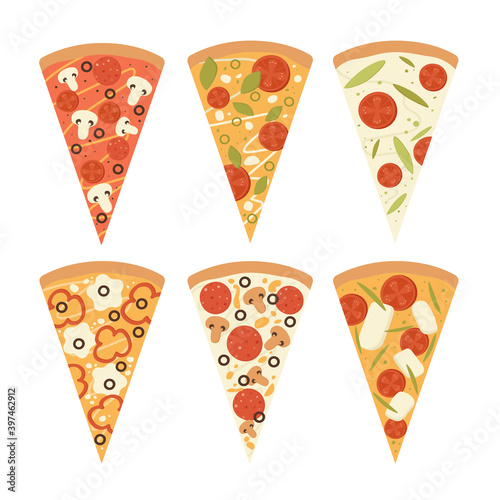 Pizza slices icon. Set of sliced pizza with titles on white background. Vector illustration isolated on white background.