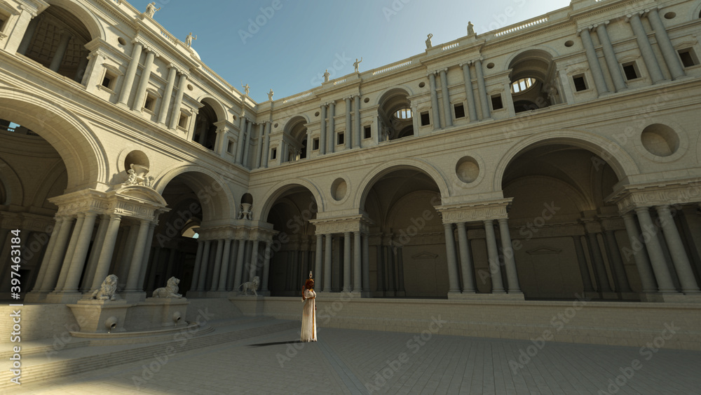 Egyptian queen illustrated in different perspectives and angles in the royal palace. 3d illustration, 3d rendering, 3d art.