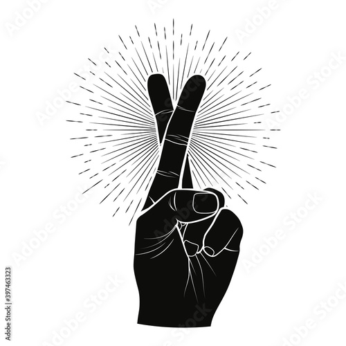Crossed fingers. Black arm hand silhouette with crossed fingers surrounded sunburst isolated on white background. Get lucky or good luck wishing gesture. Vintage styled vector illustration.