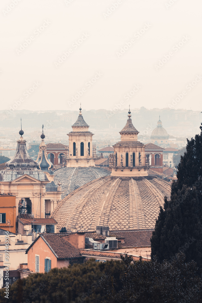 Different colors of the domes of Santa Maria dei Miracoli and of Santa Maria in Montesanto, Rome Piazza del Popolo.
