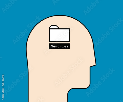 Human memories concept. Humans head silhouette with vintage pixel desktop folder with memories caption. Minimalistic vector illustration