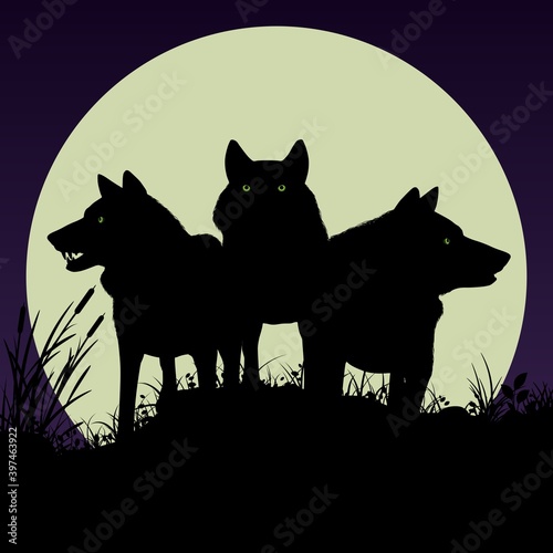 Black silhouettes of wolves on the background of the moon. Vector illustration.